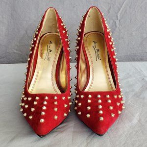 Anne Michelle Red Suede Heels with Gold Studs